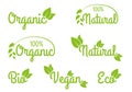 Organic, Natural, Bio, Vegan and Eco icon or logo set. Healthy food and product labels with green leaves. Vector illustration Royalty Free Stock Photo